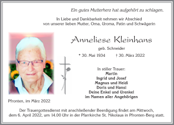 Traueranzeige von Anneliese Kleinhans von Allgäuer Zeitung, Füssen