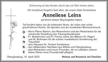 Traueranzeige von Anneliese Leins von Allgäuer Zeitung, Marktoberdorf