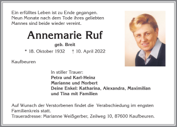 Traueranzeige von Annemarie Ruf von Allgäuer Zeitung, Kaufbeuren/Buchloe