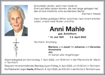Traueranzeige von Anni Mahle von Memminger Zeitung