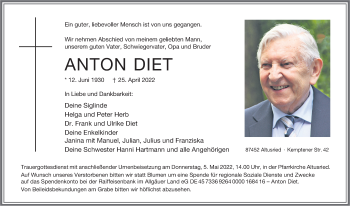 Traueranzeige von Anton Diet von Allgäuer Zeitung,Kempten