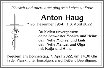 Traueranzeige von Anton Haug von Allgäuer Zeitung, Kaufbeuren/Buchloe