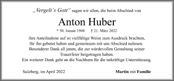 Traueranzeige von Anton Huber von Allgäuer Zeitung, Füssen