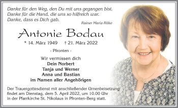 Traueranzeige von Antonie Bodau von Allgäuer Zeitung, Füssen