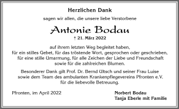 Traueranzeige von Antonie Bodau von Allgäuer Zeitung, Füssen