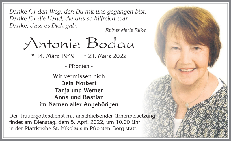  Traueranzeige für Antonie Bodau vom 02.04.2022 aus Allgäuer Zeitung, Füssen