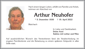 Traueranzeige von Arthur Neuhofer von Allgäuer Anzeigeblatt