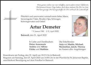 Traueranzeige von Artur Demeter von Allgäuer Zeitung, Kaufbeuren/Buchloe