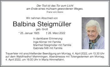 Traueranzeige von Balbina Steigmüller von Memminger Zeitung