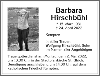 Traueranzeige von Barbara Hirschbühl von Allgäuer Zeitung,Kempten