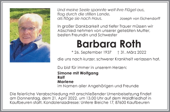 Traueranzeige von Barbara Roth von Allgäuer Zeitung, Kaufbeuren/Buchloe