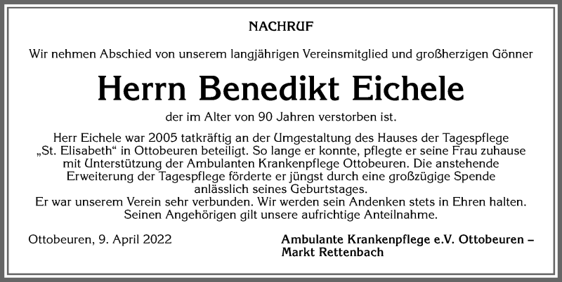  Traueranzeige für Benedikt Eichele vom 12.04.2022 aus Memminger Zeitung