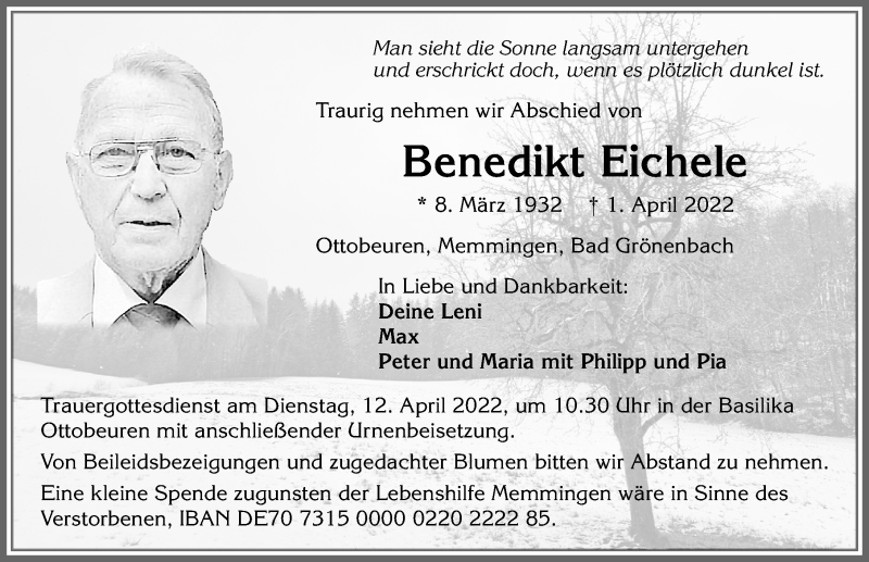  Traueranzeige für Benedikt Eichele vom 09.04.2022 aus Memminger Zeitung