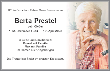 Traueranzeige von Berta Prestel von Allgäuer Zeitung,Kempten