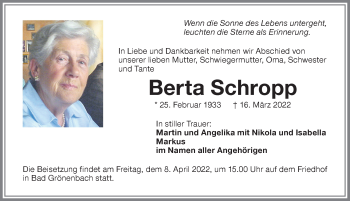 Traueranzeige von Berta Schropp von Memminger Zeitung