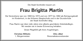 Traueranzeige von Brigitta Martin von Allgäuer Anzeigeblatt