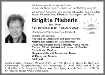 Traueranzeige von Brigitta Nieberle von Allgäuer Zeitung, Kaufbeuren/Buchloe