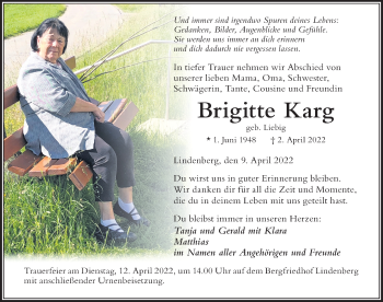 Traueranzeige von Brigitte Karg von Der Westallgäuer