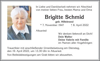 Traueranzeige von Brigitte Schmid von Allgäuer Zeitung,Kempten