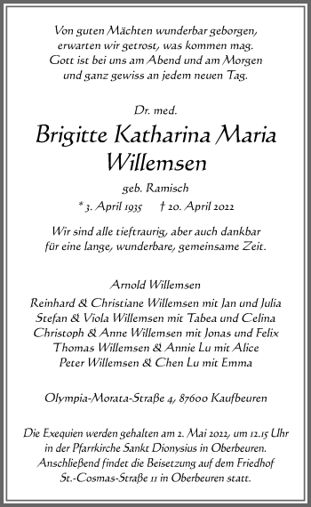 Traueranzeige von Brigitte Katharina Maria Willemsen von Allgäuer Zeitung, Kaufbeuren/Buchloe