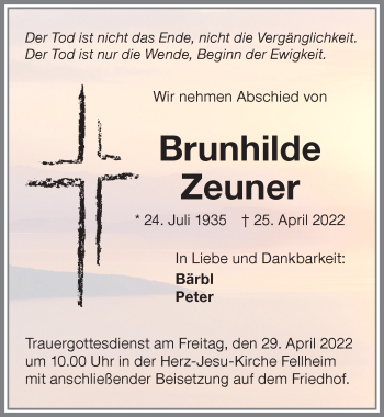 Traueranzeige von Brunhilde Zeuner von Memminger Zeitung