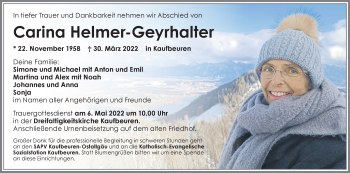 Traueranzeige von Carina Helmer-Geyrhalter von Allgäuer Zeitung, Kaufbeuren/Buchloe