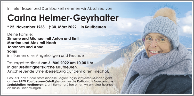  Traueranzeige für Carina Helmer-Geyrhalter vom 02.04.2022 aus Allgäuer Zeitung, Kaufbeuren/Buchloe