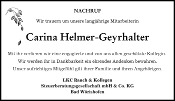 Traueranzeige von Carina Helmer-Geyrhalter von Allgäuer Zeitung, Kaufbeuren/Buchloe