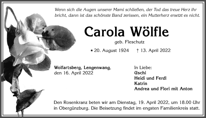  Traueranzeige für Carola Wölfle vom 16.04.2022 aus Allgäuer Zeitung, Marktoberdorf