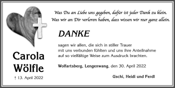 Traueranzeige von Carola Wölfle von Allgäuer Zeitung, Marktoberdorf