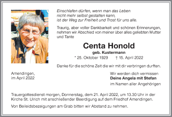 Traueranzeige von Centa Honold von Memminger Zeitung