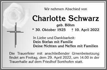 Traueranzeige von Charlotte Schwarz von Allgäuer Anzeigeblatt