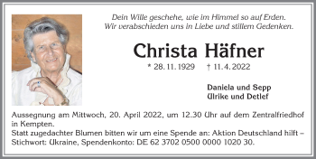 Traueranzeige von Christa Häfner von Allgäuer Zeitung,Kempten