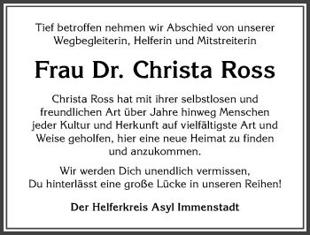 Traueranzeige von Christa Ross von Allgäuer Anzeigeblatt