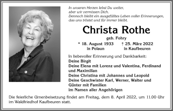 Traueranzeige von Christa Rothe von Allgäuer Zeitung, Kaufbeuren/Buchloe
