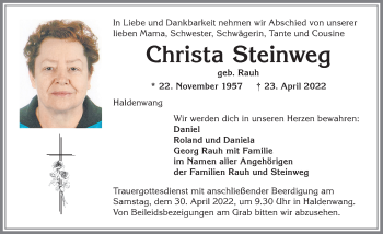 Traueranzeige von Christa Steinweg von Allgäuer Zeitung,Kempten