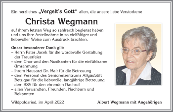 Traueranzeige von Christa Wegmann von Allgäuer Zeitung,Kempten