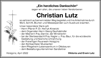Traueranzeige von Christian Lutz von Memminger Zeitung