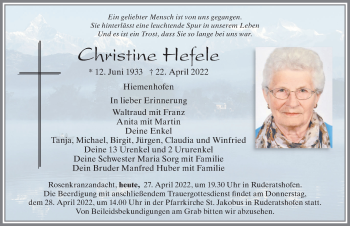 Traueranzeige von Christine Hefele von Allgäuer Zeitung, Marktoberdorf