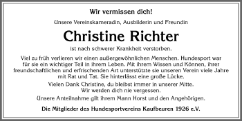 Traueranzeige von Christine Richter von Allgäuer Zeitung, Kaufbeuren/Buchloe