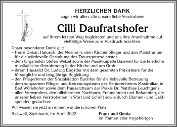 Traueranzeige von Cilli Daufratshofer von Allgäuer Zeitung, Kaufbeuren/Buchloe