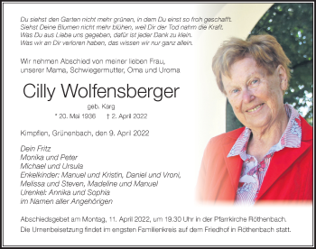 Traueranzeige von Cilly Wolfensberger von Der Westallgäuer