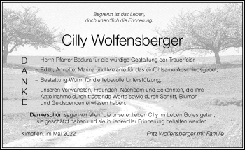 Traueranzeige von Cilly Wolfensberger von Der Westallgäuer