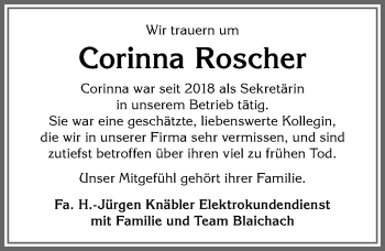 Traueranzeige von Corinna Roscher von Allgäuer Anzeigeblatt