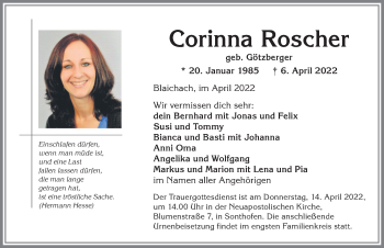 Traueranzeige von Corinna Roscher von Allgäuer Anzeigeblatt