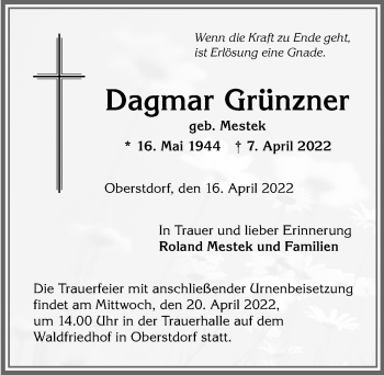 Traueranzeige von Dagmar Grünzner von Allgäuer Anzeigeblatt