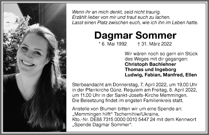  Traueranzeige für Dagmar Sommer vom 06.04.2022 aus Memminger Zeitung