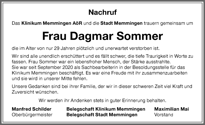  Traueranzeige für Dagmar Sommer vom 07.04.2022 aus Memminger Zeitung