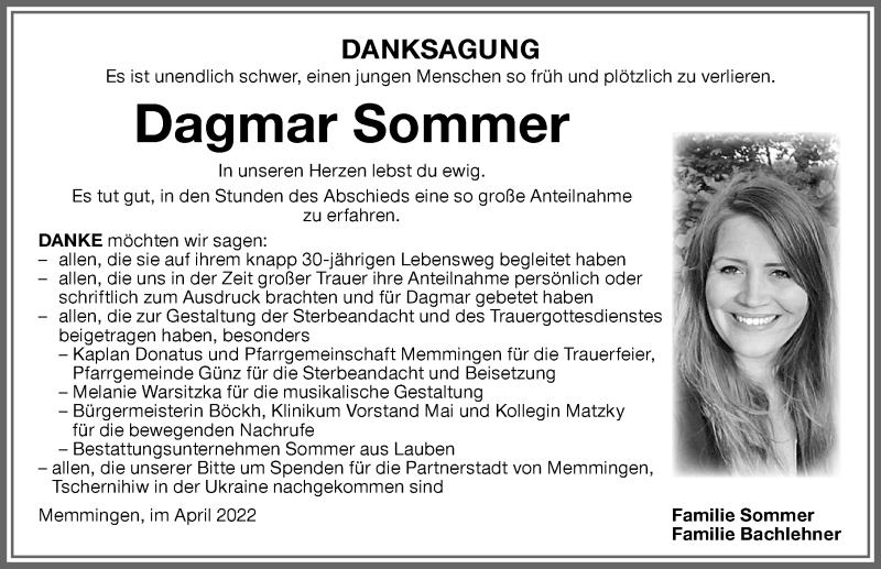  Traueranzeige für Dagmar Sommer vom 23.04.2022 aus Memminger Zeitung