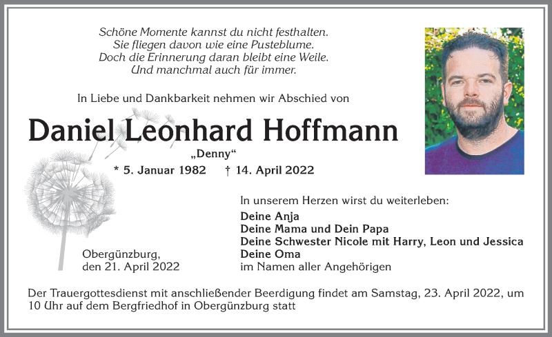  Traueranzeige für Daniel Leonhard Hoffmann vom 21.04.2022 aus Allgäuer Zeitung, Marktoberdorf